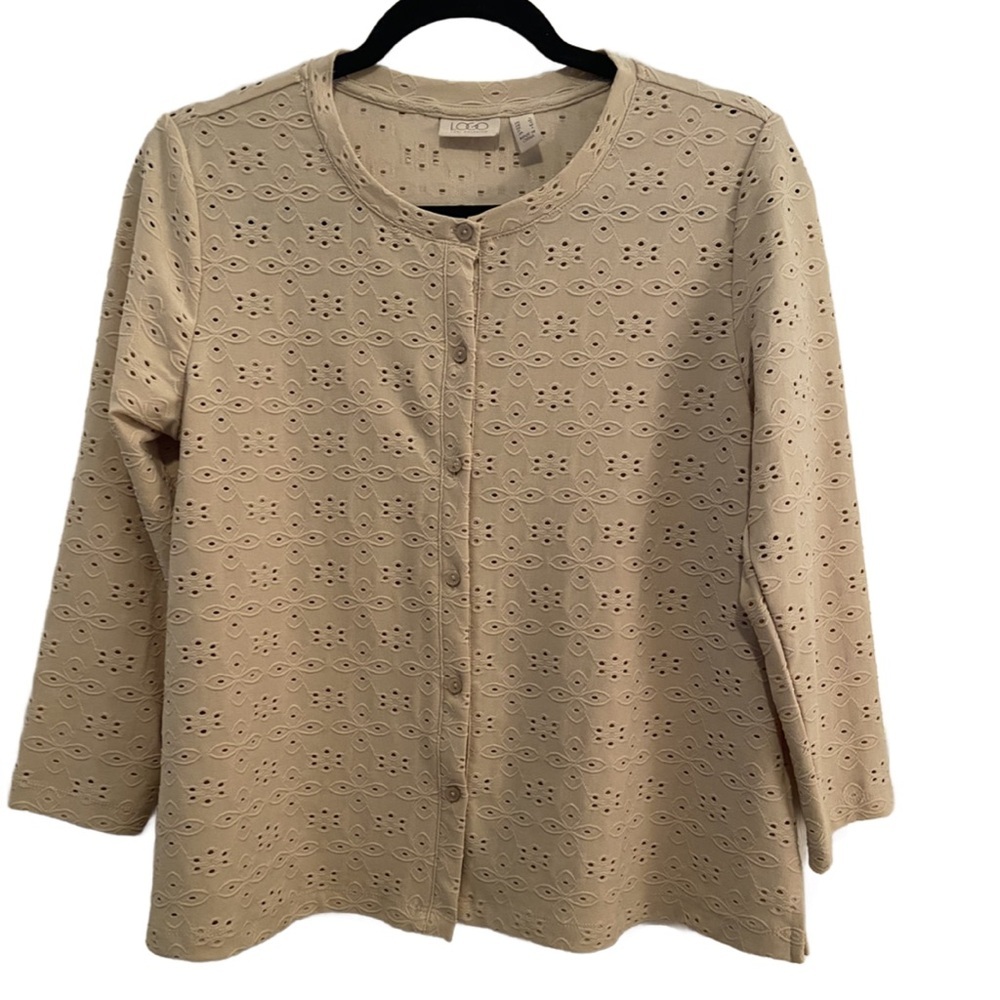 LOGO by Lori Goldstein Cardigan Stretch Eyelet Button Front Oxford Tan S New